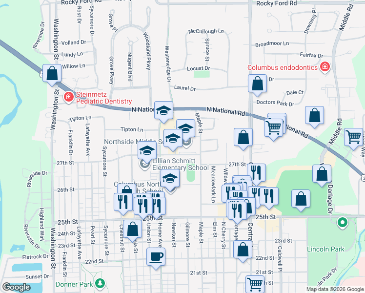 map of restaurants, bars, coffee shops, grocery stores, and more near 1400 27th Street in Columbus