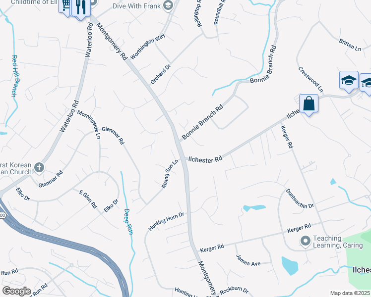 map of restaurants, bars, coffee shops, grocery stores, and more near 5108 Bonnie Brae Court in Ellicott City