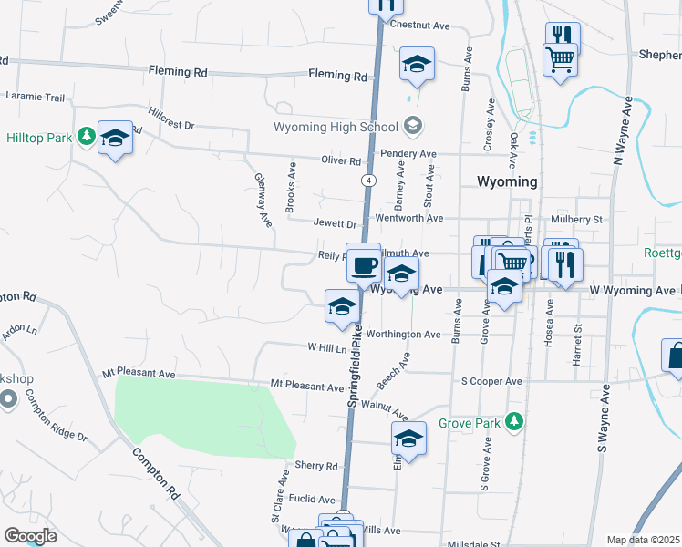 map of restaurants, bars, coffee shops, grocery stores, and more near 21 Reily Road in Cincinnati