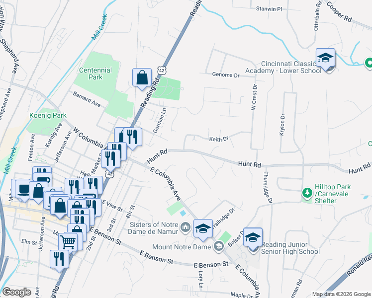 map of restaurants, bars, coffee shops, grocery stores, and more near 1719 Hunt Road in Cincinnati