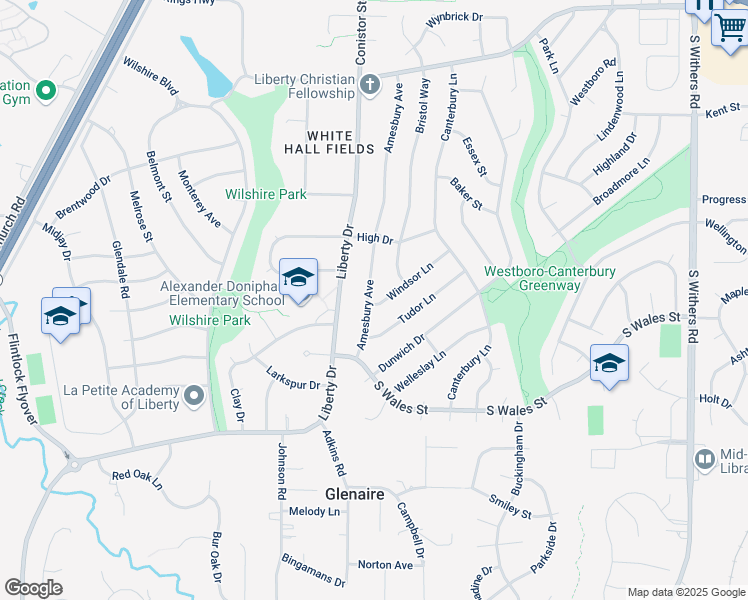 map of restaurants, bars, coffee shops, grocery stores, and more near 1331 Amesbury Avenue in Liberty