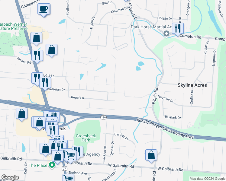 map of restaurants, bars, coffee shops, grocery stores, and more near 2856 Sovereign Drive in Cincinnati