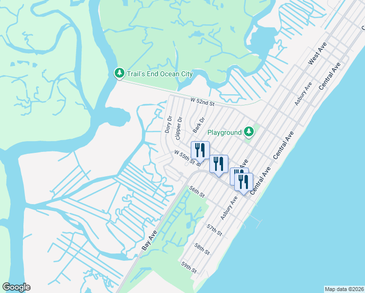 map of restaurants, bars, coffee shops, grocery stores, and more near 232 Clipper Drive in Ocean City