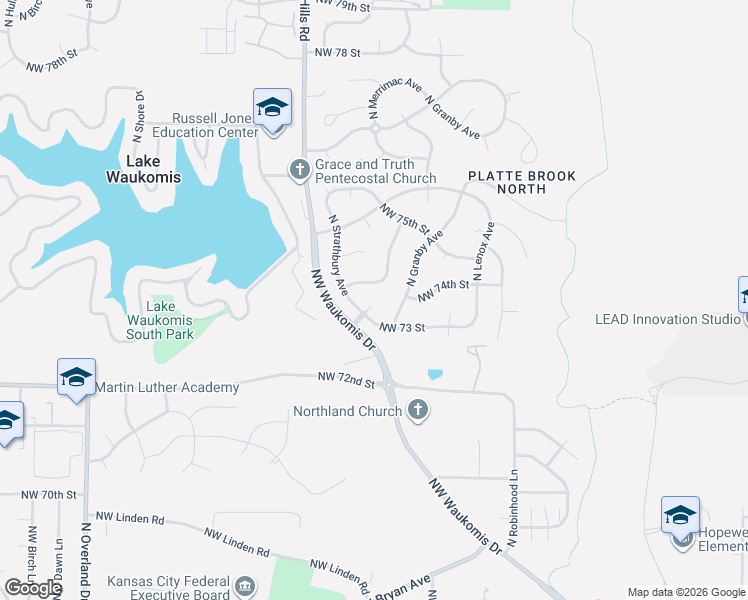 map of restaurants, bars, coffee shops, grocery stores, and more near 7316 North Granby Avenue in Kansas City