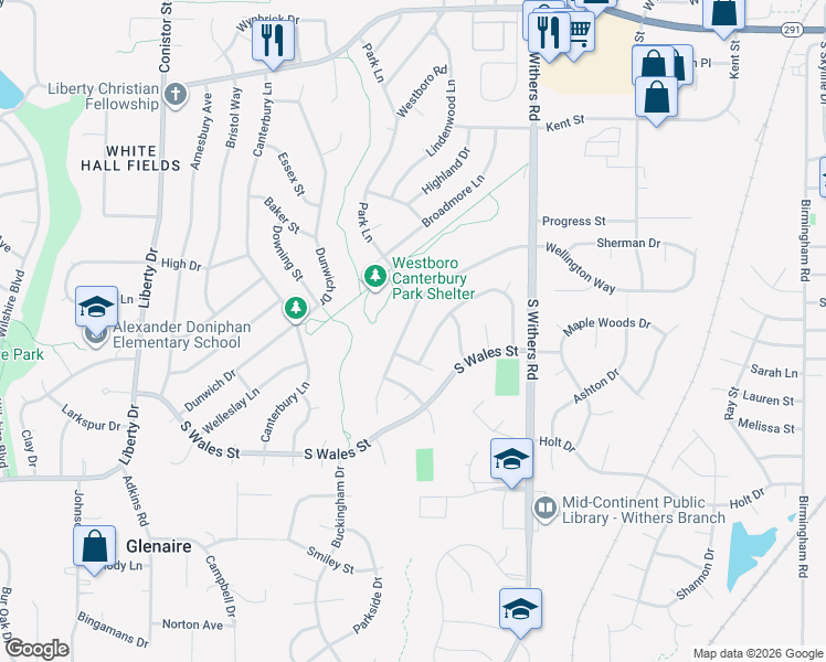 map of restaurants, bars, coffee shops, grocery stores, and more near 1313 Wellington Way in Liberty