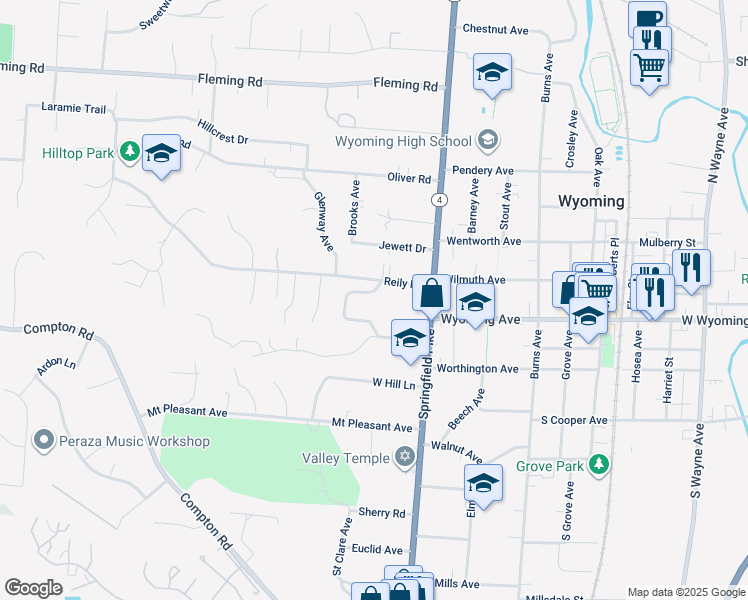 map of restaurants, bars, coffee shops, grocery stores, and more near 580 Larchmont Drive in Cincinnati