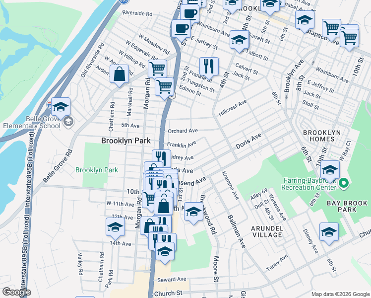 map of restaurants, bars, coffee shops, grocery stores, and more near 121 Franklin Avenue in Brooklyn Park