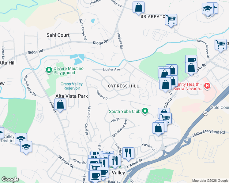 map of restaurants, bars, coffee shops, grocery stores, and more near 243 Cypress Hill Dr in Grass Valley