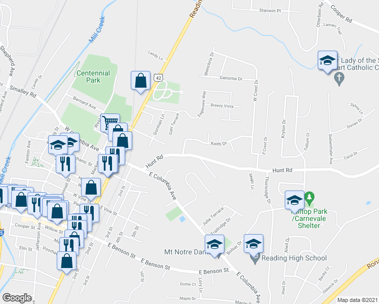 map of restaurants, bars, coffee shops, grocery stores, and more near 1733 Hunt Road in Cincinnati