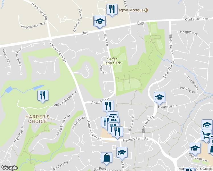 map of restaurants, bars, coffee shops, grocery stores, and more near 5237 Lightfoot Path in Columbia