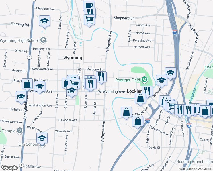map of restaurants, bars, coffee shops, grocery stores, and more near 118 North Wayne Avenue in Cincinnati
