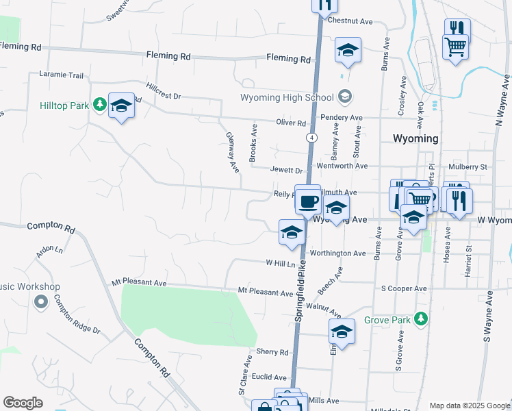 map of restaurants, bars, coffee shops, grocery stores, and more near 580 Larchmont Drive in Cincinnati