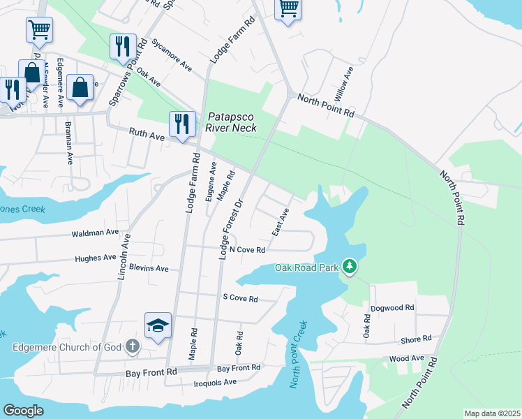 map of restaurants, bars, coffee shops, grocery stores, and more near 2501 Oak Manor Road in Sparrows Point