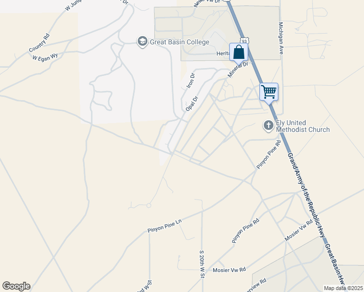 map of restaurants, bars, coffee shops, grocery stores, and more near 2540 Mineral Drive in Ely