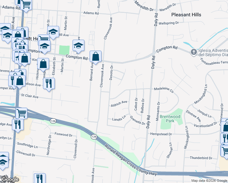 map of restaurants, bars, coffee shops, grocery stores, and more near 8836 Desoto Drive in Cincinnati