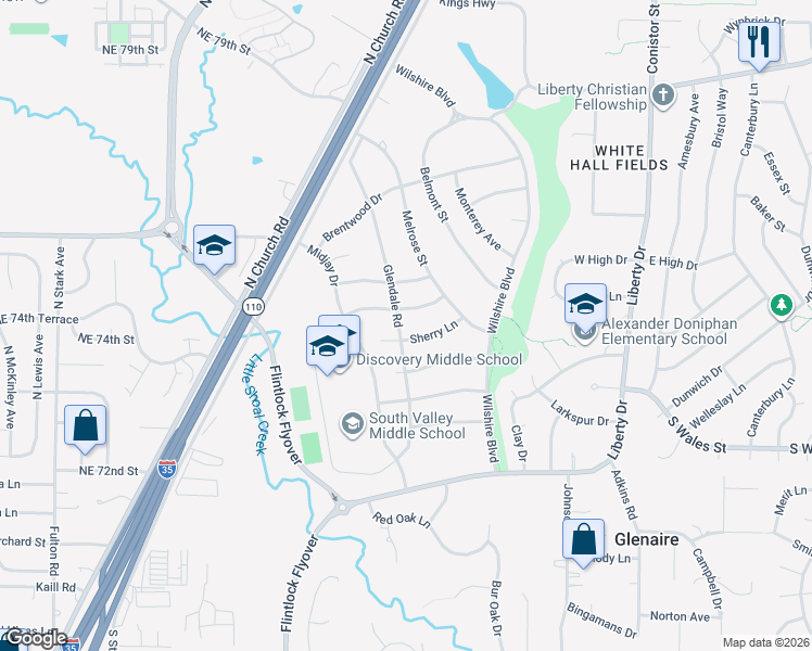map of restaurants, bars, coffee shops, grocery stores, and more near 607 Glendale Road in Liberty