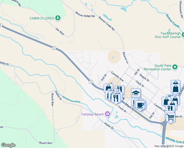 map of restaurants, bars, coffee shops, grocery stores, and more near 105 Platte View Drive in Fairplay