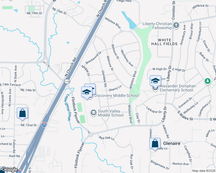 map of restaurants, bars, coffee shops, grocery stores, and more near 607 Glendale Road in Liberty