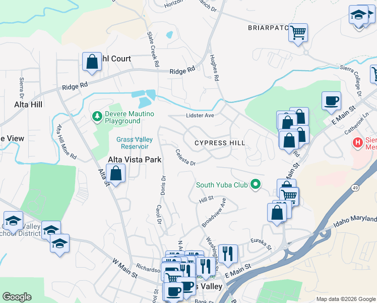 map of restaurants, bars, coffee shops, grocery stores, and more near 242 Arcadia Drive in Grass Valley