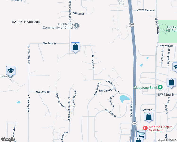 map of restaurants, bars, coffee shops, grocery stores, and more near 1415 Northwest 74th Street in Kansas City