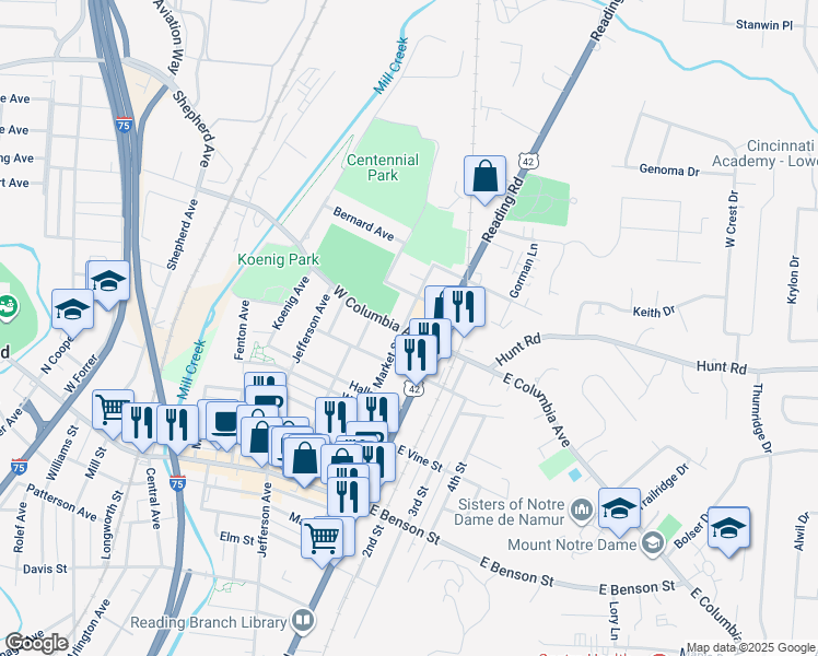 map of restaurants, bars, coffee shops, grocery stores, and more near 28 West Columbia Avenue in Reading