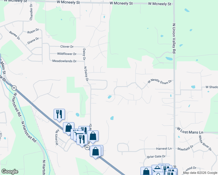 map of restaurants, bars, coffee shops, grocery stores, and more near 1116 Forest View Drive North in Ellettsville