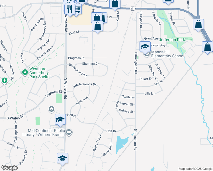 map of restaurants, bars, coffee shops, grocery stores, and more near 1489 Glen Brook Lane in Liberty