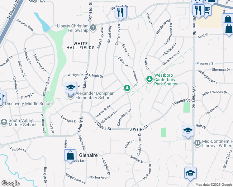map of restaurants, bars, coffee shops, grocery stores, and more near 1617 Tudor Ln in Liberty