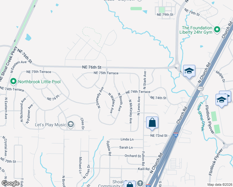 map of restaurants, bars, coffee shops, grocery stores, and more near 7419 North Wallace Avenue in Kansas City