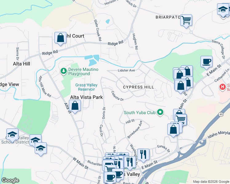 map of restaurants, bars, coffee shops, grocery stores, and more near 242 Arcadia Drive in Grass Valley