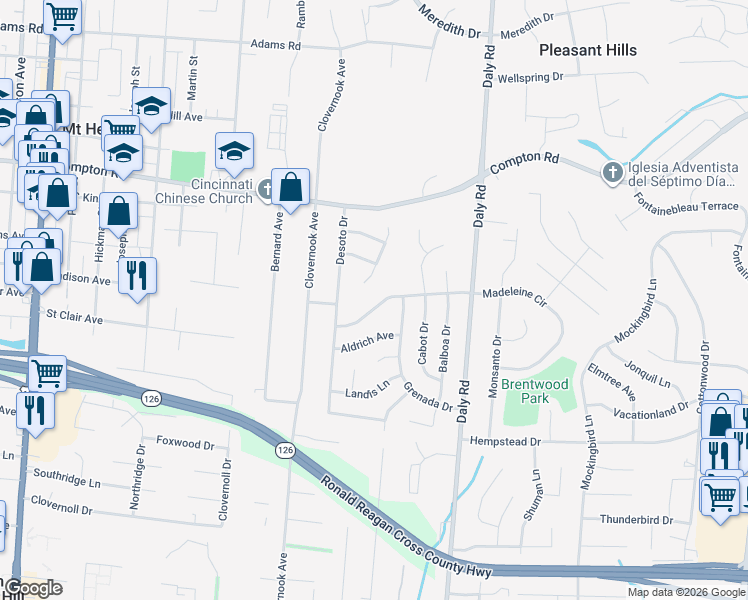 map of restaurants, bars, coffee shops, grocery stores, and more near 1288 Madeleine Circle in Cincinnati