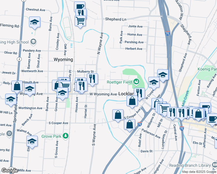 map of restaurants, bars, coffee shops, grocery stores, and more near 117 Washington Avenue in Lockland