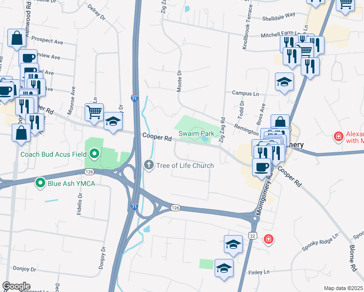 map of restaurants, bars, coffee shops, grocery stores, and more near 6865 Cooper Road in Cincinnati