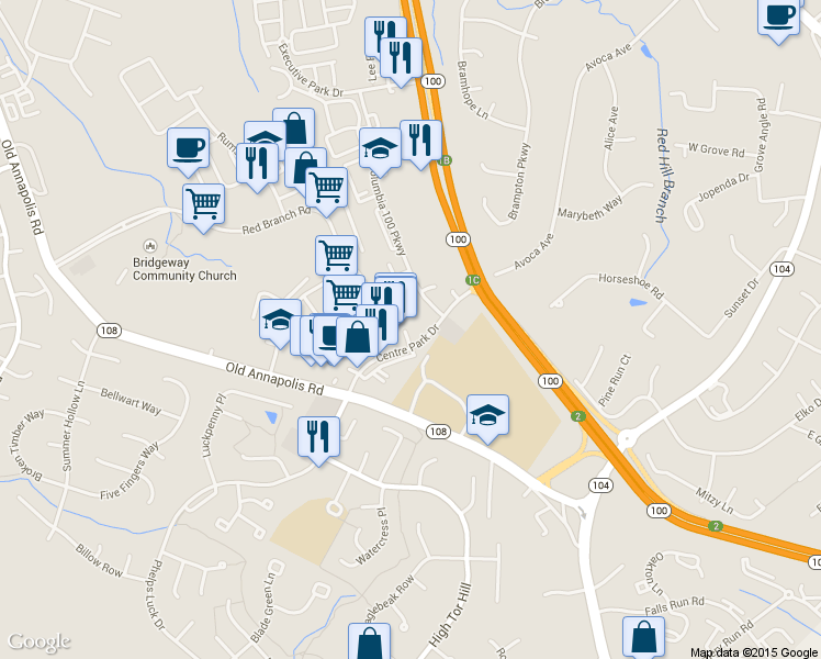map of restaurants, bars, coffee shops, grocery stores, and more near 8835 Centre Park Drive in Columbia