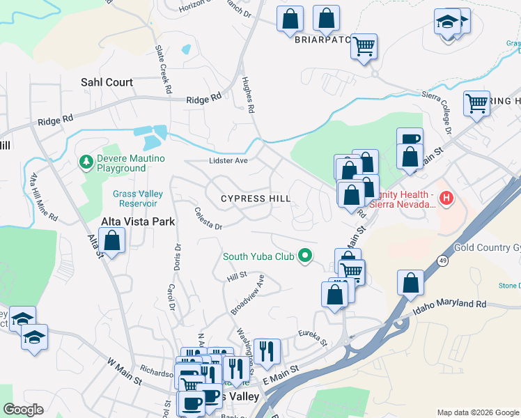 map of restaurants, bars, coffee shops, grocery stores, and more near 115 Castlemont Drive in Grass Valley