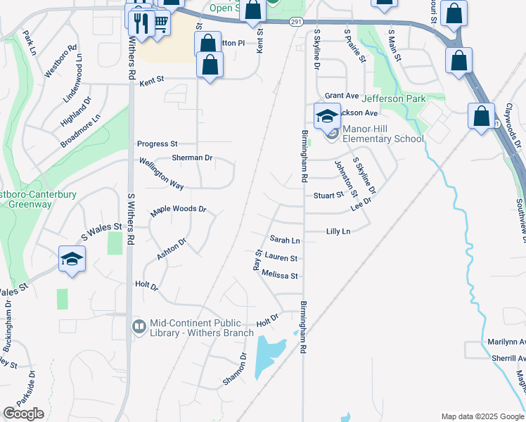 map of restaurants, bars, coffee shops, grocery stores, and more near 544 Sharon Drive in Liberty