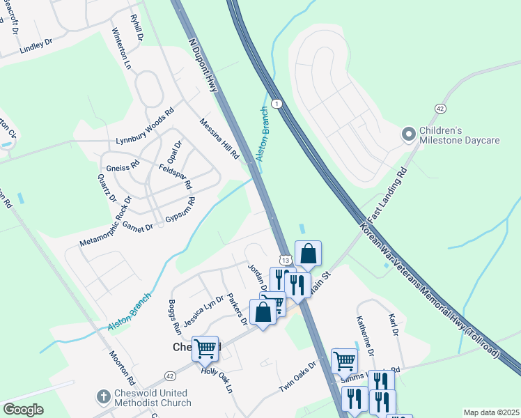 map of restaurants, bars, coffee shops, grocery stores, and more near 50 Lamplighter Park Drive in Dover
