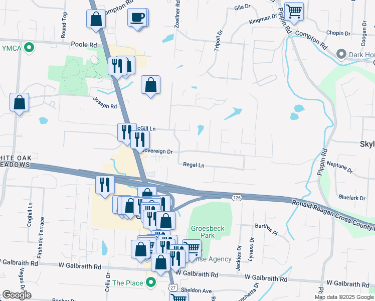 map of restaurants, bars, coffee shops, grocery stores, and more near 3204 Regal Lane in Cincinnati