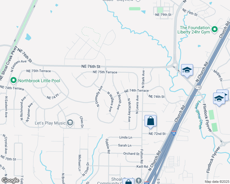 map of restaurants, bars, coffee shops, grocery stores, and more near 7419 North Wallace Avenue in Kansas City