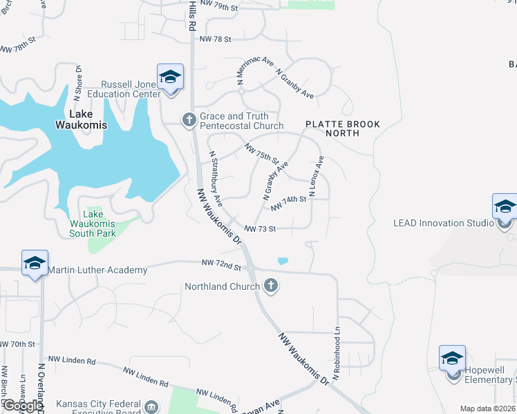 map of restaurants, bars, coffee shops, grocery stores, and more near 7316 North Granby Avenue in Kansas City