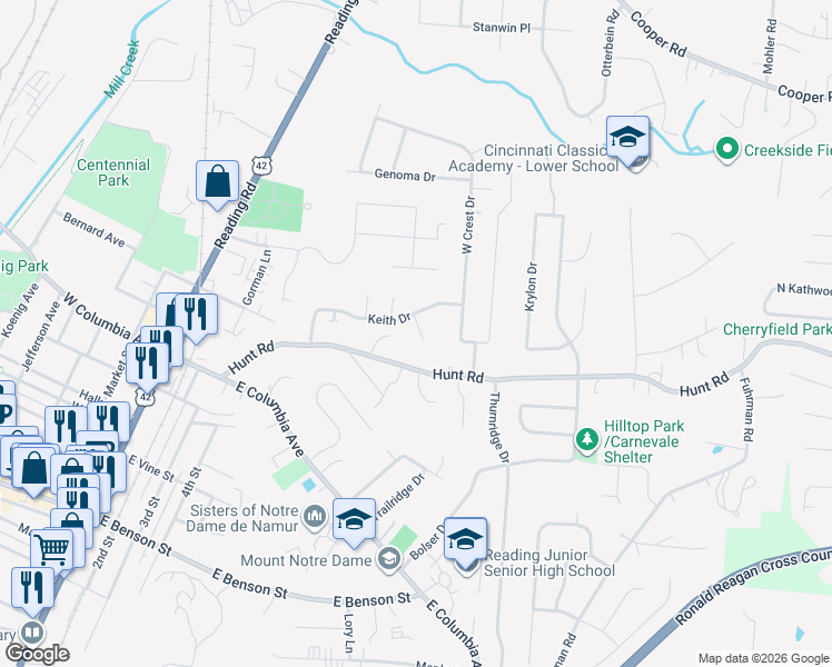 map of restaurants, bars, coffee shops, grocery stores, and more near 109 Biscoe Drive in Cincinnati