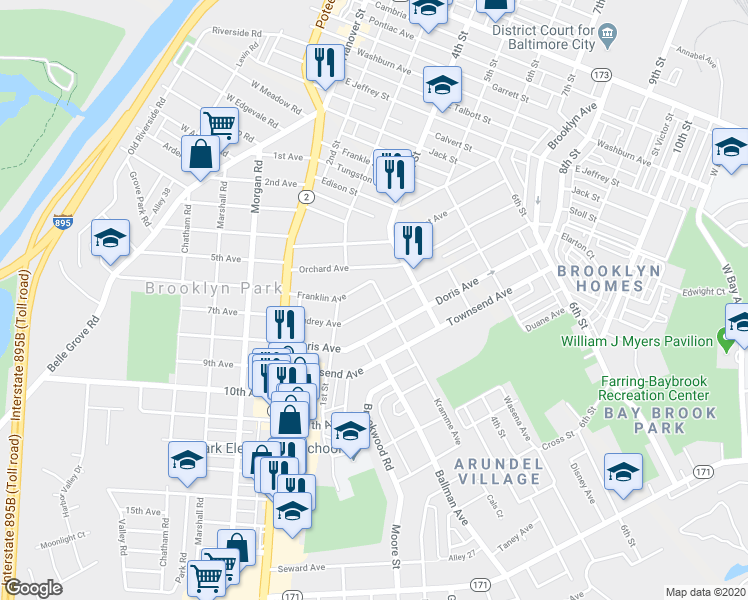 map of restaurants, bars, coffee shops, grocery stores, and more near 222 Audrey Avenue in Baltimore