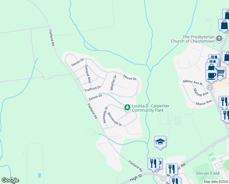 map of restaurants, bars, coffee shops, grocery stores, and more near 200 Devon Drive in Chestertown