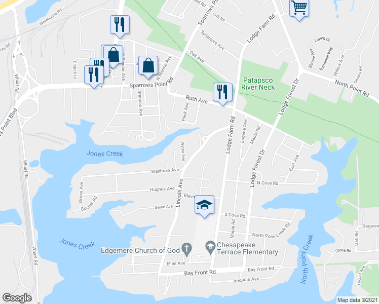 map of restaurants, bars, coffee shops, grocery stores, and more near 2415 Wythe Avenue in Sparrows Point