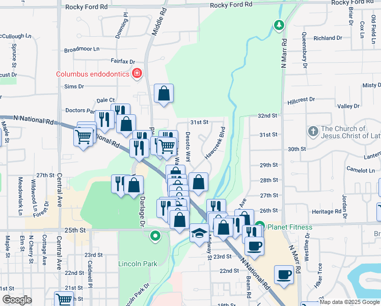 map of restaurants, bars, coffee shops, grocery stores, and more near 2913 Desoto Way in Columbus