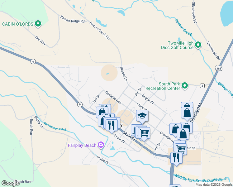 map of restaurants, bars, coffee shops, grocery stores, and more near 290 Castello Avenue in Fairplay