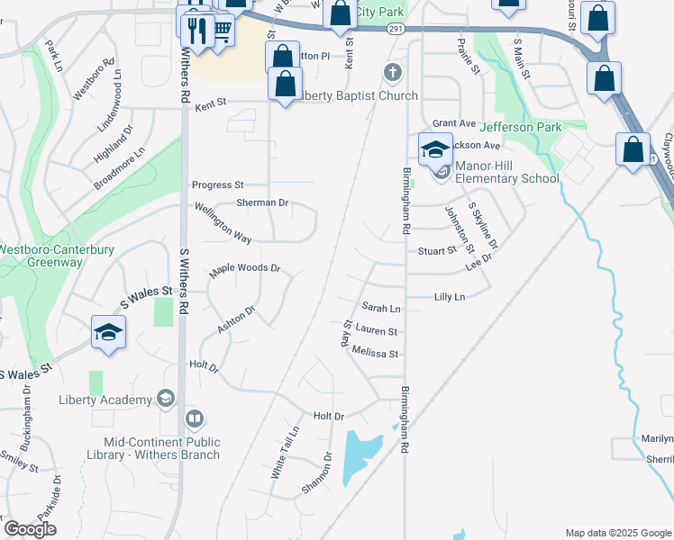 map of restaurants, bars, coffee shops, grocery stores, and more near 544 Sharon Dr in Liberty