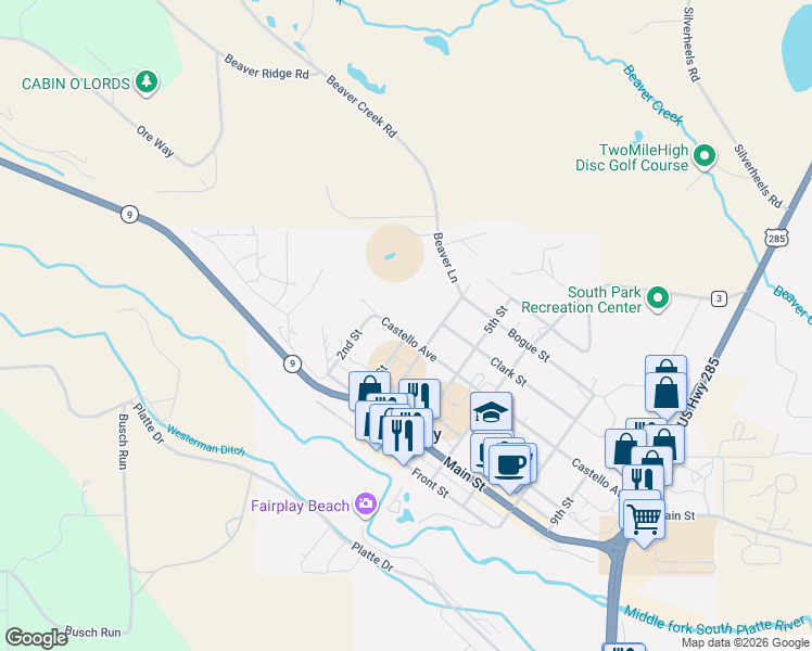 map of restaurants, bars, coffee shops, grocery stores, and more near 290 Castello Avenue in Fairplay