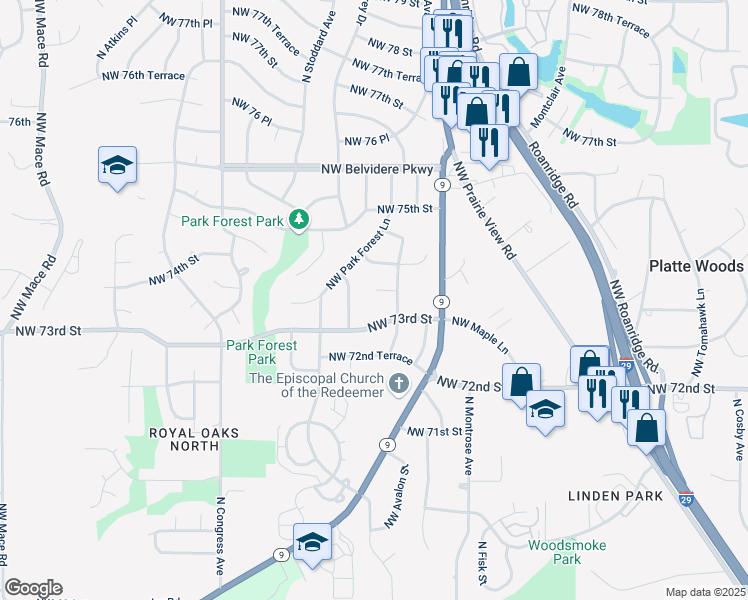 map of restaurants, bars, coffee shops, grocery stores, and more near 7011 Northwest 73rd Street in Kansas City