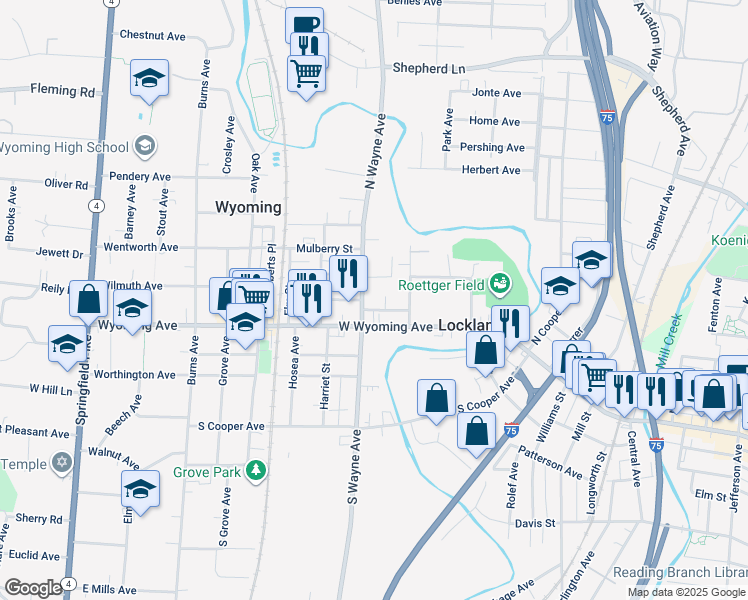map of restaurants, bars, coffee shops, grocery stores, and more near 118 North Wayne Avenue in Cincinnati
